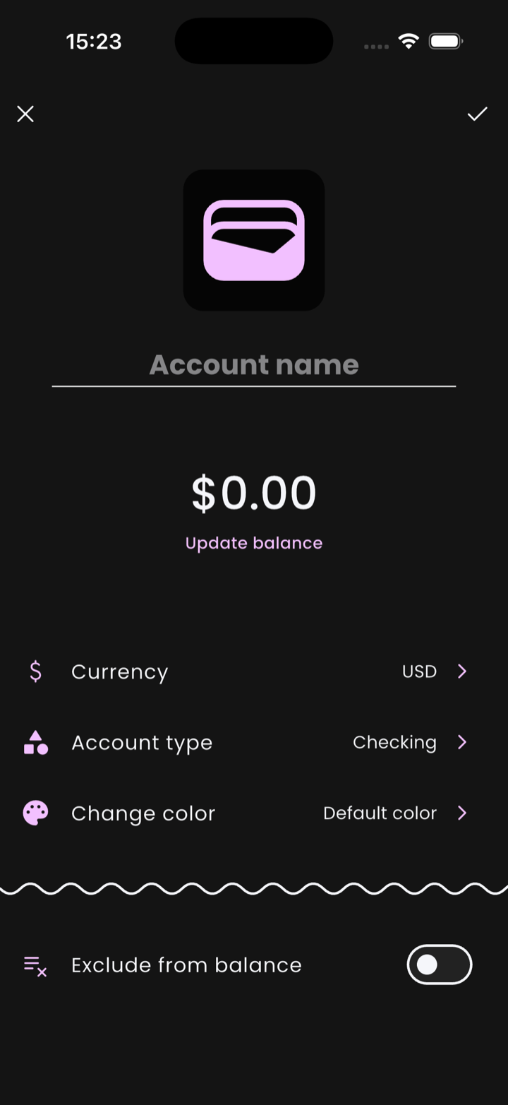The new-account form, with fields for name, icon, balance, currency, type and color.