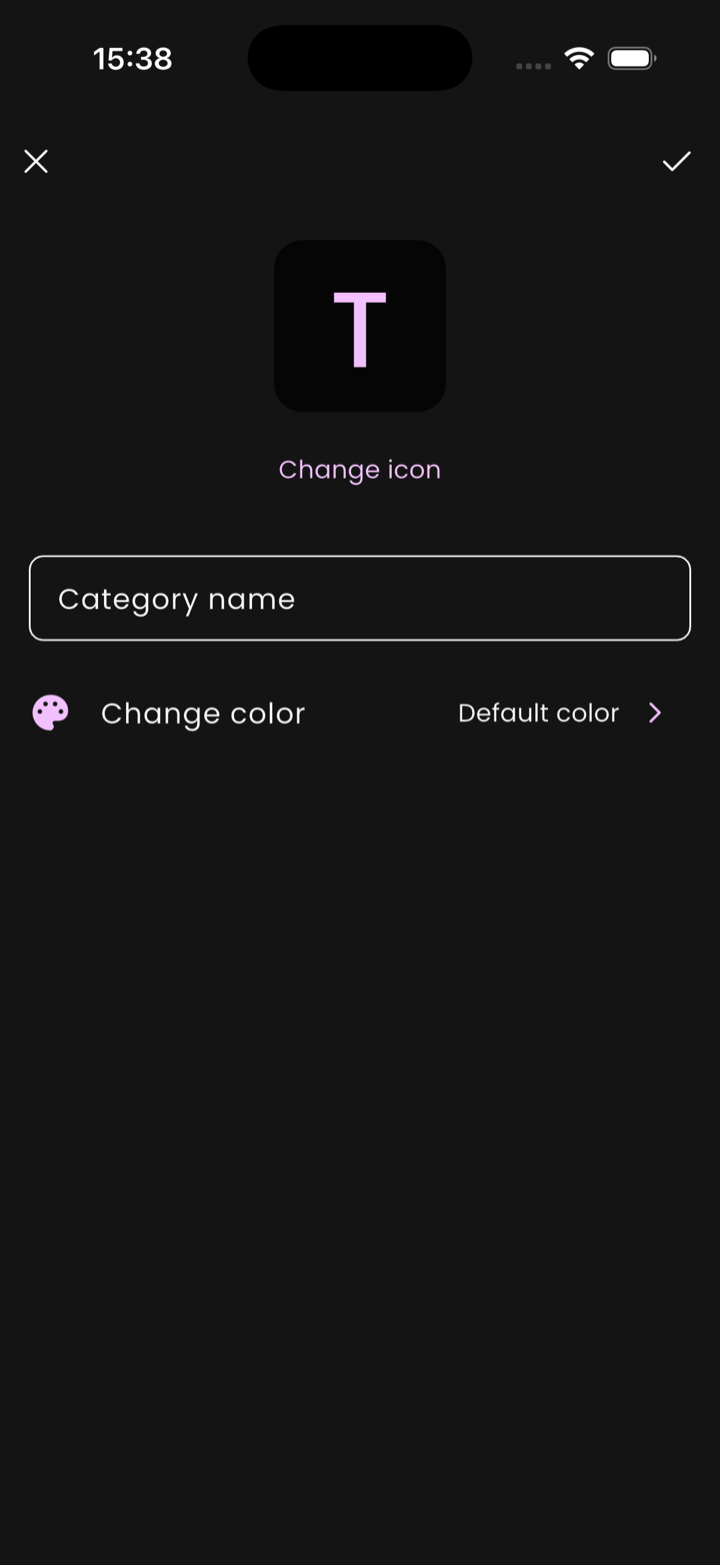 Creating a new category, with name, icon, and color fields visible.