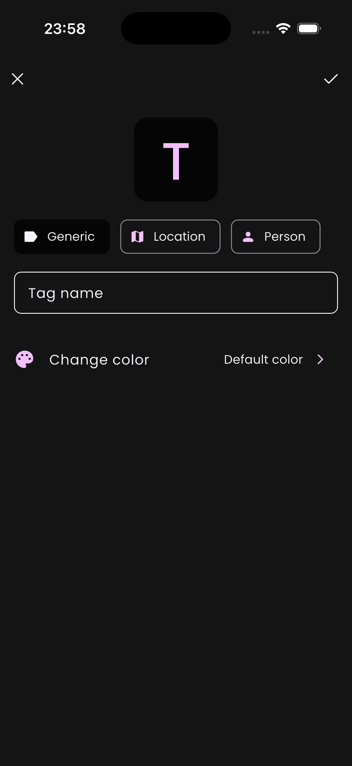 The new tag screen with the Generic, Location, and Person type chips at the top.